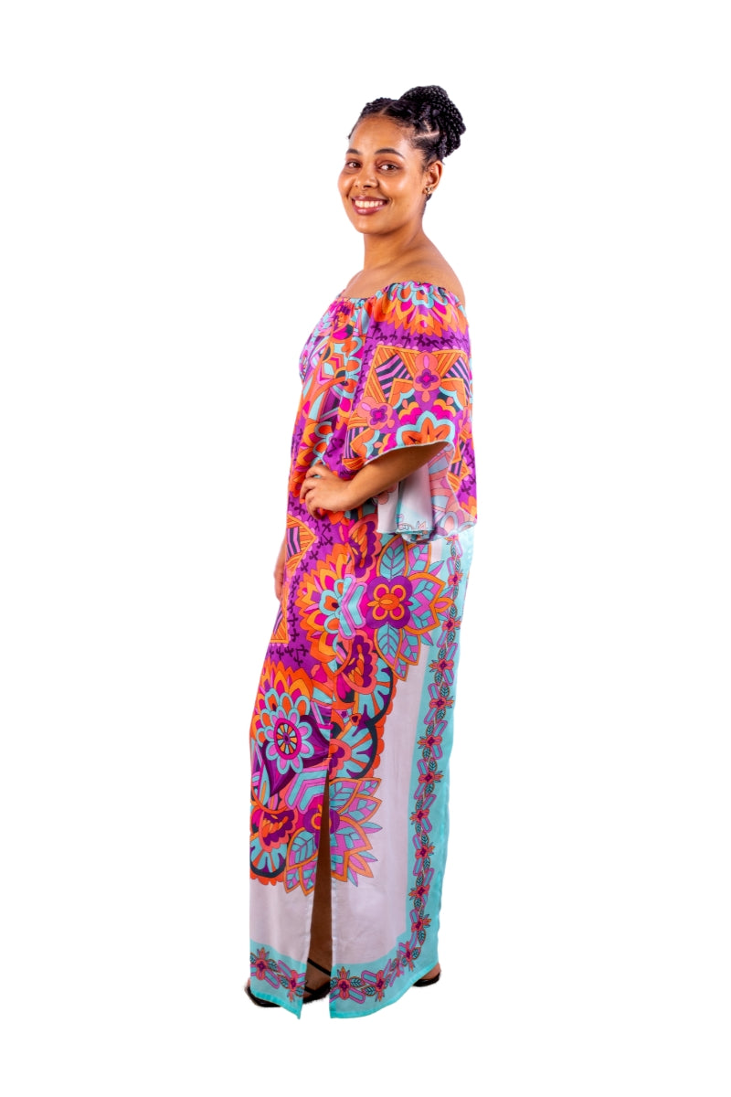 Mandala Turquoise Off The Shoulder Long Dress  - Taka