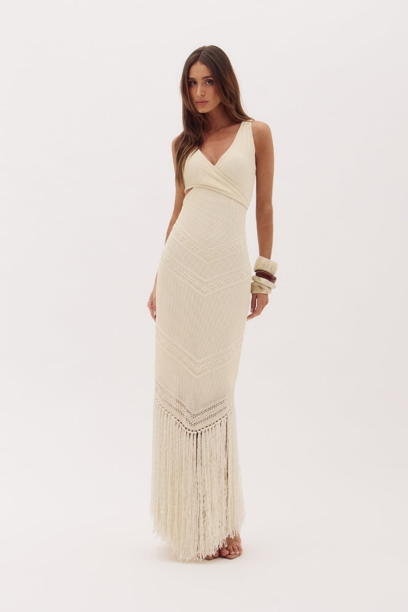Tabata Long Knit Dress with Cutouts & Fringe